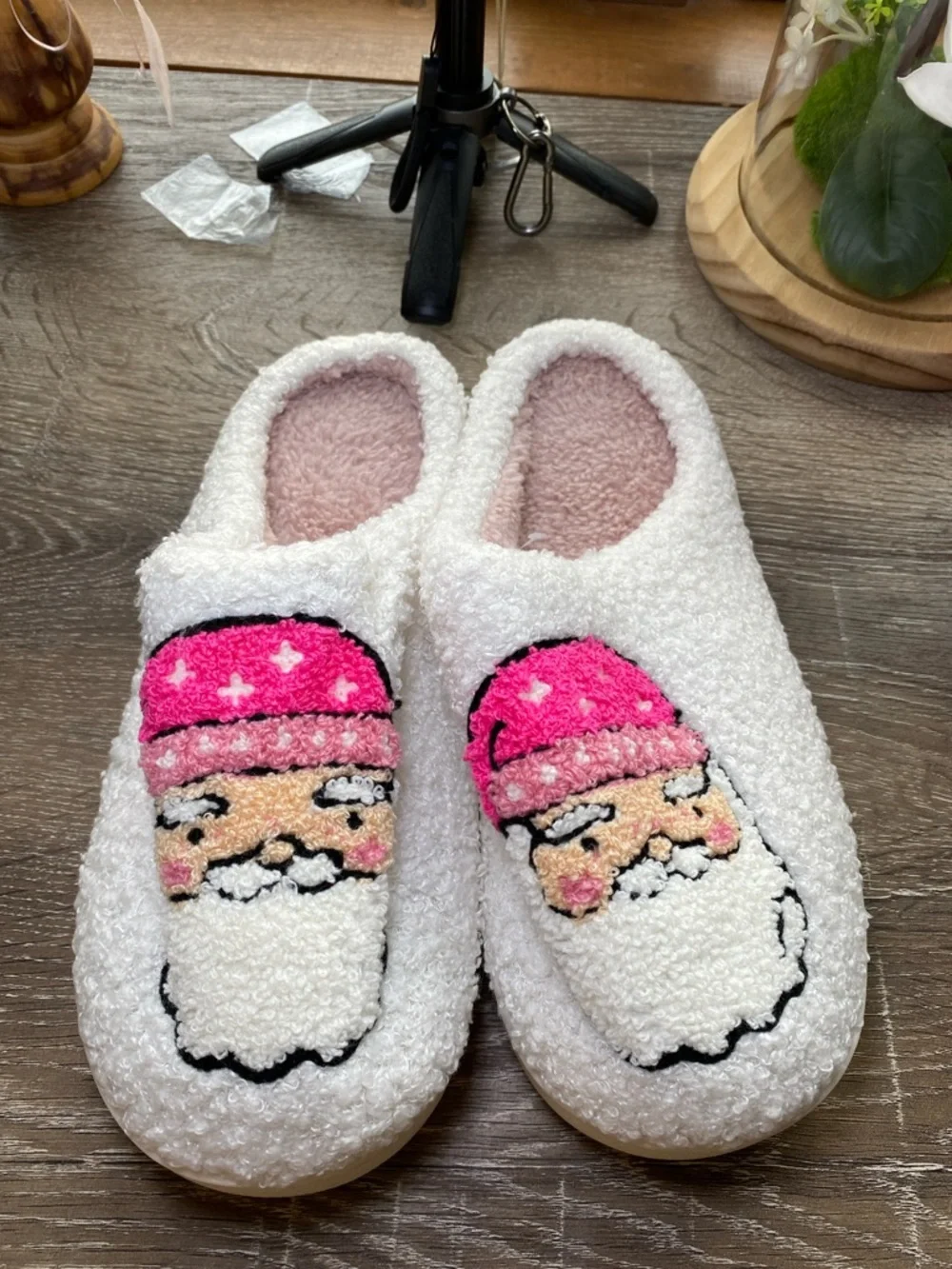 NEW White Santa Slippers with Pink Hat Accent
